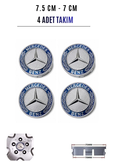 Mercedes Uyumlu Mavi Jant Göbeği Kapağı Arması 75 Mm 7,5 Cm 4'lü Takım