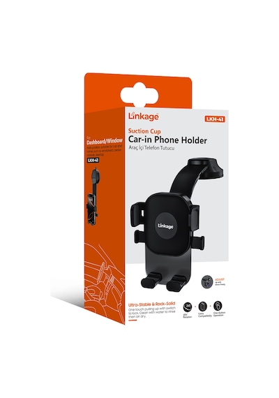 Linkage Lkh-41 Vantuzlu Araç İçi Telefon Tutucu 360 Döner Başlık Tek Tuşla Sabitleme Ön Cam & Siyah