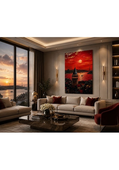 İstanbul Esintili Kızıl Gün Batımı Şehir Silüeti Kanvas Tablo Premium Dokulu Modern Duvar Dekoru Salon, Ofis, Çalışma Odası Ve Lüks Yaşam Alanları İçin Dekoratif Tablo