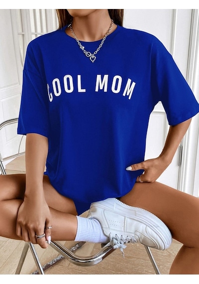 Cool Mom T-shirt - Lacivert Baskılı Oversize Bisiklet Yaka Kısa Kol Tişört Lacivert