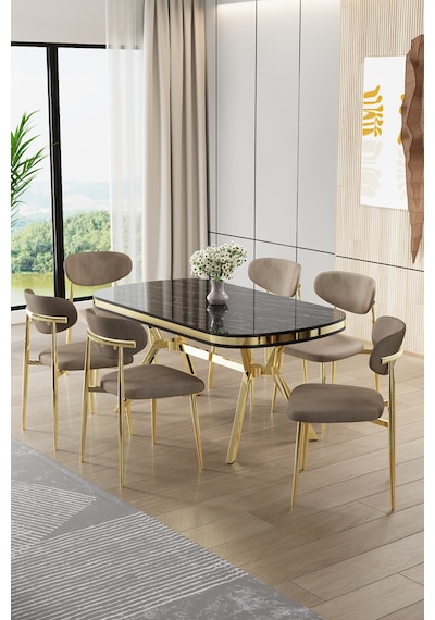 Canisa Olya Serisi 90x168 Lak Panel Sonata Masa Takımı Gold Ayaklı 6 Cappucino Sandalye Sonata Masa Cappucino Sandalye Canisa Olya Serisi 90x168 Lak Panel Sonata Masa Takımı Gold Ayaklı 6 Cappucino Sandalye Sonata Masa Cappucino Sandalye