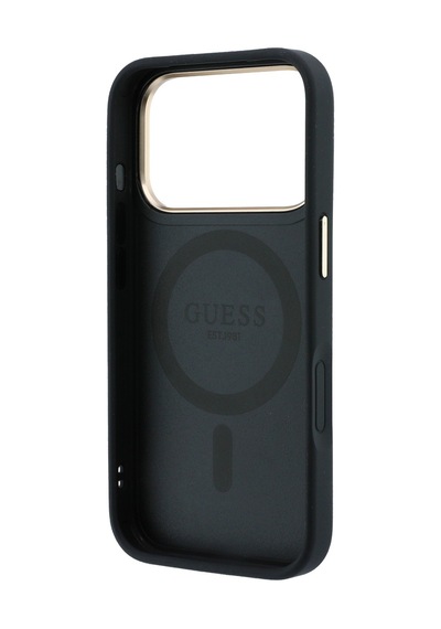 Apple Uyumlu iPhone 18 Pro Kılıf Guess Lisanslı M-safe Özellikli 360 Standlı Pu Metal Yazı Logolu Kapak Siyah