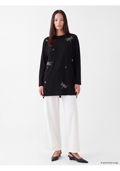 Lcw Everyday Siyah Boncuk İşlemeli Oversize Kadın Sweatshirt Tunik