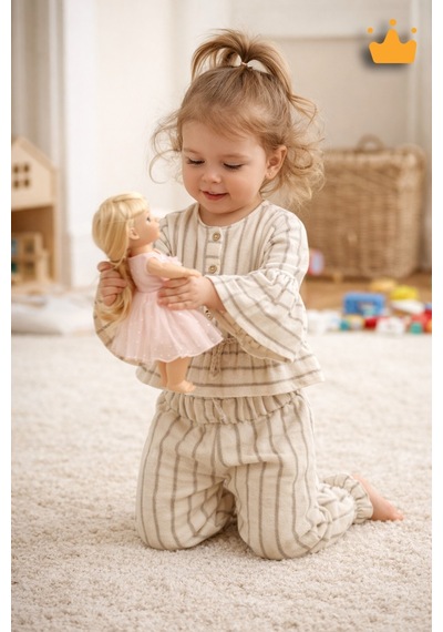 Babyhola Kız Bebek Çocuk Bayramlık Takım Volan Kollu Simli Müslin 2011 Kahverengi