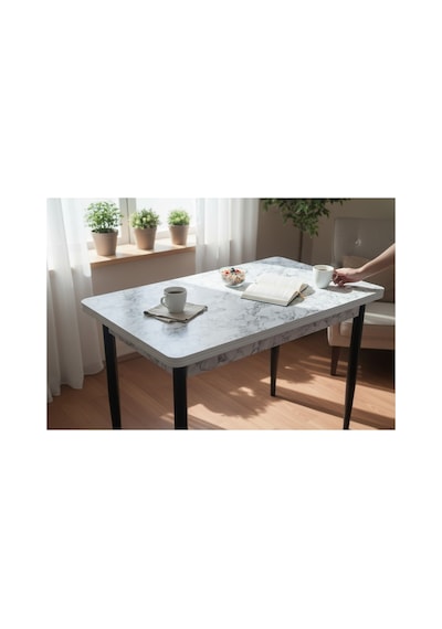 Tool Aksesuar T-6037 Carara 70x120 Mdf 4-6 Kişilik Mutfak Masası Beyaz Damarlı