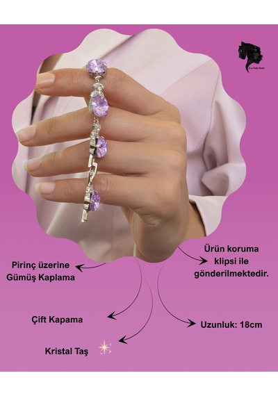 Kare Baget Model Kristal Lila Renkli Pirinç Bileklik Mor