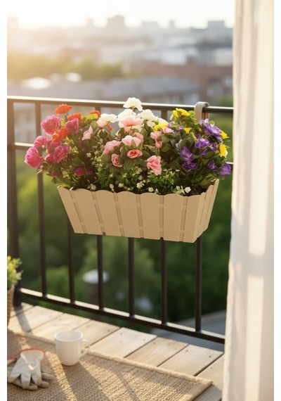 Yapay Çiçek Bej Balkon Saksıda Küpeşte Askılı Açelya Çiçeği Karışık Renkli Çiçek Sepeti 50cm Krem
