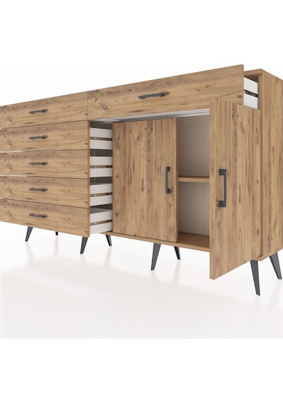 Arges Konsol Tek Raflı 6 Çekmeceli 2 Kapaklı 176x30x99 Çam-çam Çam-çam