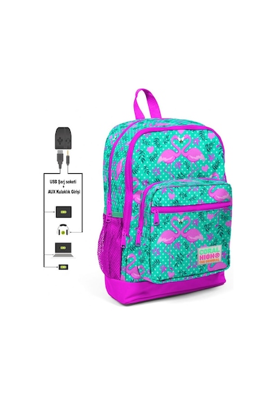 Coral High Pembe Flamingo Desenli Usb Şarj ve Kulaklık Çıkışlı Okul Sırt Çantası 23812