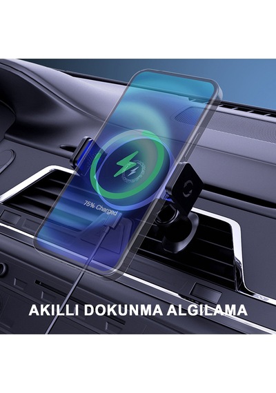 15w Kablosuz Hızlı Şarjlı Magsafe Uyumlu Otomatik Kelepçeli Araç Telefon Tutucu Çift Montaj Seçeneği Siyah