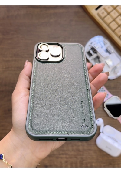 Apple iPhone 14 Pro Max Uyumlu Premium Deri Dokulu Darbelere Karşı Dayanıklı Nazal Silikon Kılıf Haki