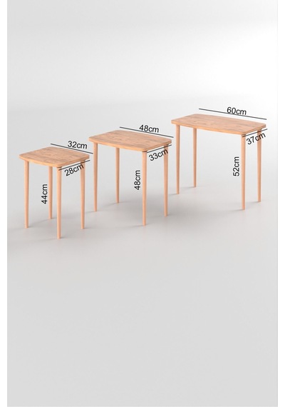 Astor Çam Zigon Sehpa Dikdörtgen 3'lü Set İç İçe Geçebilen Ahşap Ayaklı Çam Desen Yüzey 60gx37dx52y - Atlantik Çam