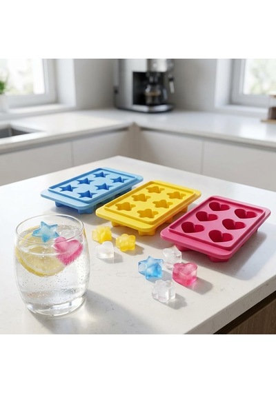 Tr Plastik 6 Bölmeli 3 Desenli Buz Kalıbı Seti, Yıldız-kalp-çiçek Desenli Buz Kalıbı 3 Set 13cm 8cm 3cm Eğle Genel