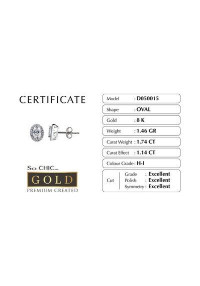 Beyaz Altın Sertifikalı Premium Created Taşlı Oval Tektaş Küpe