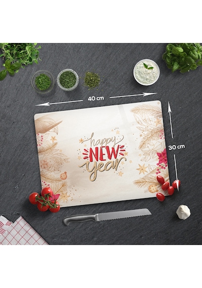 Decorita Cam Kesme Tahtası|Happy New Year-Gold|30cm x 40cm