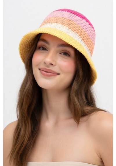 Mollycrush Kadın Pembe Geçişli Hasır Örgü Bucket Şapka Bohem Stil Plaj Ve Güneş Şapkası Pembe