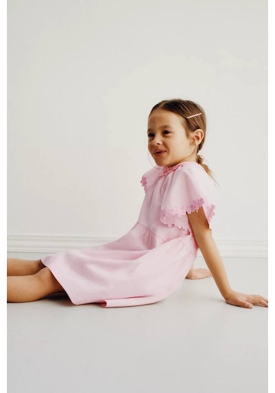 Miniko Kids Kız Çocuk Yaka Çiçek İşlemelei Pamuk Elbise Pembe