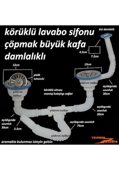 Çöpmak Körüklü Sifon Üstten Damlalıklı Çiftli Büyük Kafa Evye Sif