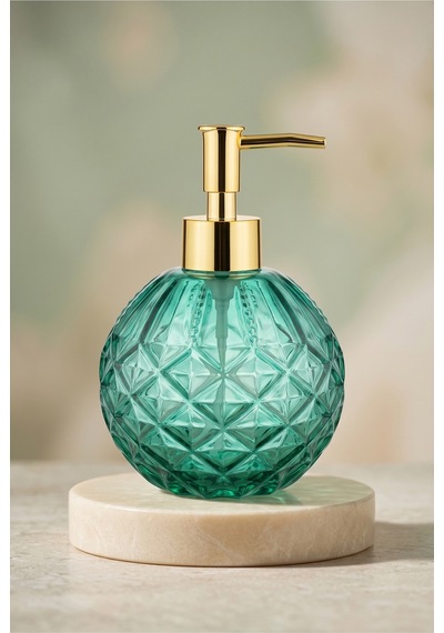 Boby Diamond Küre Cam Sıvı Sabunluk Gold Pompalı Kristal Desenli Dekoratif Banyo Ve Mutfak Dispenseri - 16 Cm X 10 Cm - 500ml - Yeşil