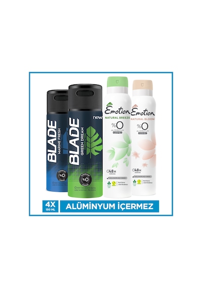 Blade Green Dream + Marine Erkek Sprey Deodorant 2 x 150 ML + Natural Breeze + Natural Bloom Kadın Sprey Deodorant 2 x 150 ML