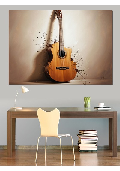 Duvara Dayalı Klasik Gitar Müzik Enstrümanı Görseli Dekoratif Kanvas - Mdf Ahşap Tablo