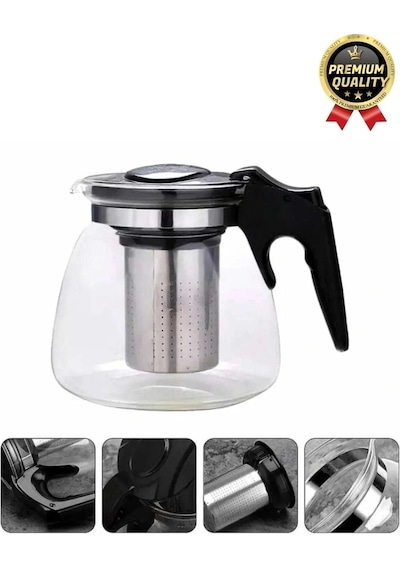 Özel Üretim Isıya Dayanıklı Bitki Çayı Şeffaf Büyük Çelik Süzgeçli Cam Çaydanlık Demlik 1.1 Litre Çok Renkli