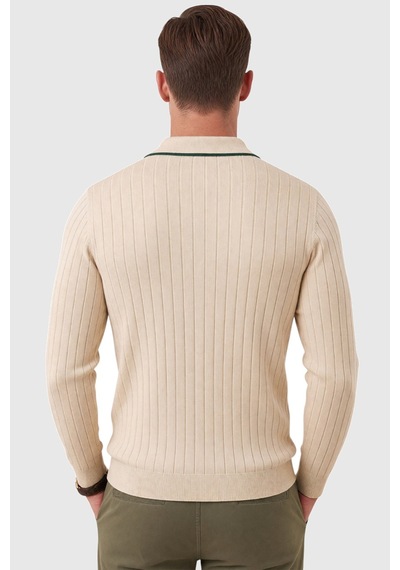 Deepsea Erkek Slim Fit Tüylenmeyen Çizgi Dokulu Bej Triko Kazak Fermuarlı Polo Yaka 2700401