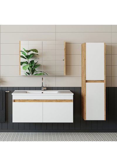 Roomart '' Lavabolu '' Atlantik-Beyaz Mat Mdf 100 Cm Banyo Dolabı Atlantik Çam - Beyaz