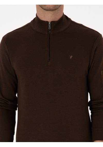 Koyu Kahverengi Regular Fit Yarım Fermuarlı Sweatshirt