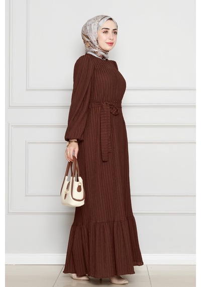 Sevitli Robalı Sahra Tesettür Elbise-kahverengi-4589 Kahverengi