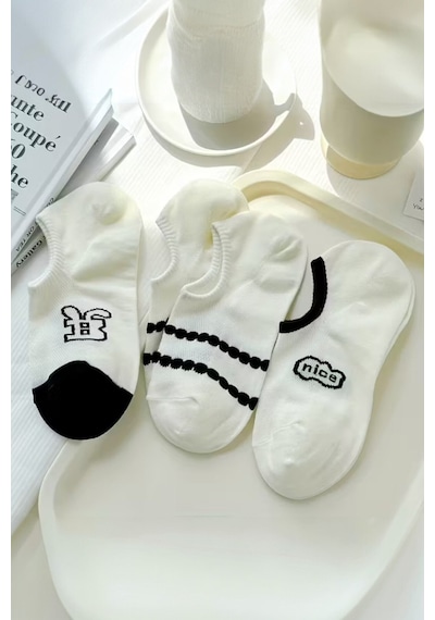 Hitit Socks Kadın 5 Çift Premium Karikatür Ve Harf Desenli Yüksek Pamuklu Görünmez Babet Çorap Çok Renkli