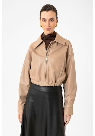 Antioch Crop Suni Deri Kadın Ceket Bej