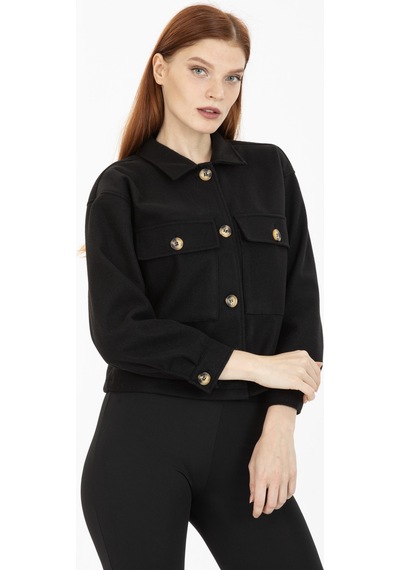 Pera Moda Çift Cepli Crop Ceket Siyah