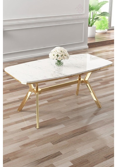 Canisa Asel Serisi 90x160 Lak Panel Beyaz Mermer Desen Gold Kaplama Ayaklı Masa Beyaz Mermer Desen Masa Ayaklar Gold
