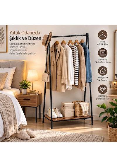 Raflı Vestiyer Askılık Metal Elbise Askılığı Açık Gardırop Kıyafet Askısı Siyah 80x37,5x150 Cm
