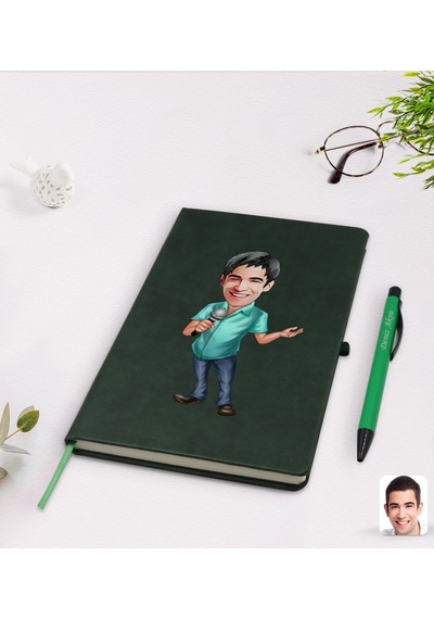 Kişiye Özel Erkek Şarkıcı Karikatürlü Yeşil Termo Deri Defter Kal