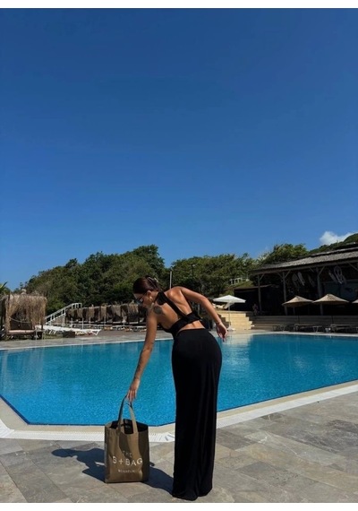 Defymoda Kadın Mayo Kumaş Bağlamalı Crop Ve Maxi Boy Etek Ikili Takım Siyah
