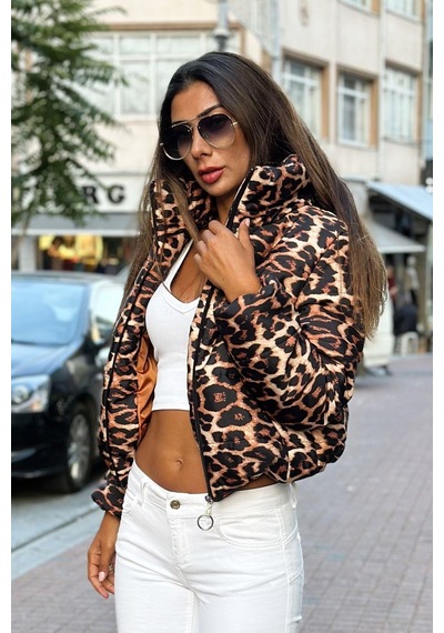 Keyifli Moda Kadın Leopar Desenli Dik Yaka Kısa Şişme Mont - 40 Kahverengi