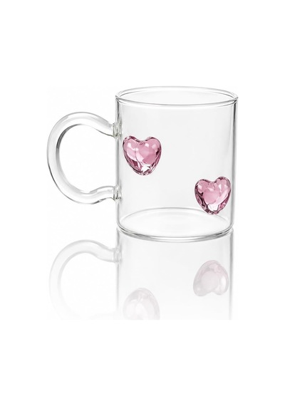 3d Pembe Kristal Kalp Figürlü Şeffaf Cam Kupa Romantik Kalp Kulplu Dekoratif Bardak çok renkli
