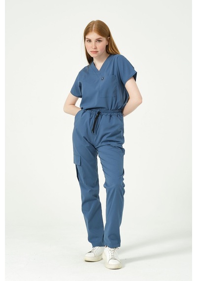 İndigo Likralı Scrubs Kargo Cep Doktor Hemşire Forması Yarasa Kol Takım Unisex