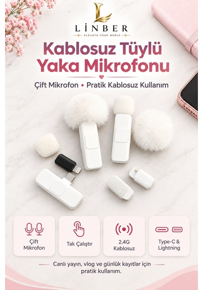 Kablosuz Tüylü Beyaz Yaka Mikrofonu Type-c Ve İos Girişli 2 Li Set Bluetooth 5.0