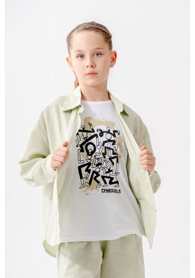 Giyicem Kız Çocuk Yan Pileli Gömlek T-shirt İkili Takım 1809 Yeşil