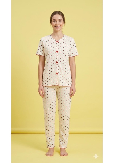Sleeproom Yazlık Ekru Kırmızı Kalp Desenli Kısa Kol Penye %100 Pamuk Pijama Takım