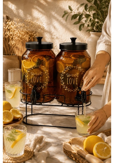 2'li Amber Cam İçecek Sebili Musluklu Standlı Limonata Dispenseri Sunumluk Set 4 L + 4 L