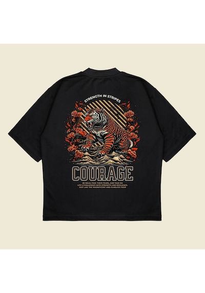 Startmore Tigercourage Baskılı Oversize Unisex Pamuklu Nefes Alan Kalın Kumaşlı Siyah