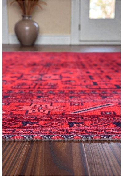 Kırmızı Oryantal Desenli Kilim Kaymaz Taban, Yıkanabilir, Salon & Oturma Odası Kırmızı Kırmızı