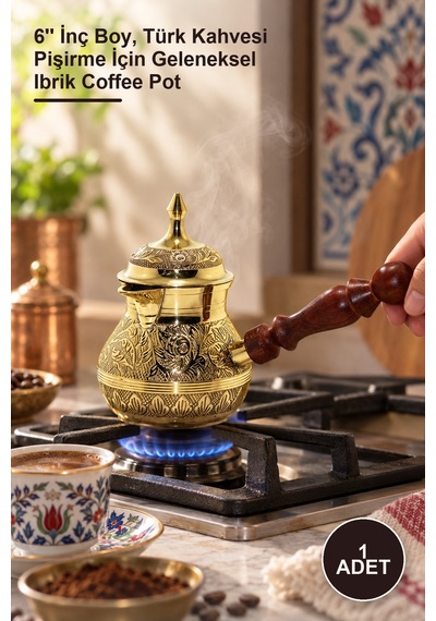 1 Adet Pirinç Cezve 6'' İnç Boy, Türk Kahvesi Pişirme İçin Geleneksel Ibrik Coffee Pot