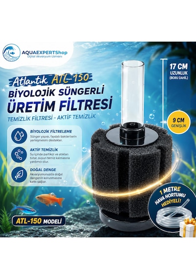 Atlantik Biyolojik Süngerli Üretim Filtresi - Temizlik Filtresi - Pipo Filtre - Aktif Temizlik - . 17x Cm - 1 Metre Hava Hortumu Hediye