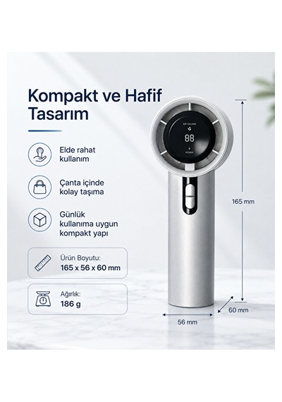 100 Kademeli Dijital Göstergeli Şarjlı El Tipi Fan Taşınabilir Mini Masaüstü Fan Gri