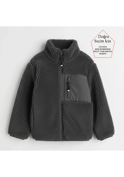 Smalltouch Unisex Çocuk Yumuşak Dokulu Astarlı Fermuarlı Cepli Peluş Hırka Füme